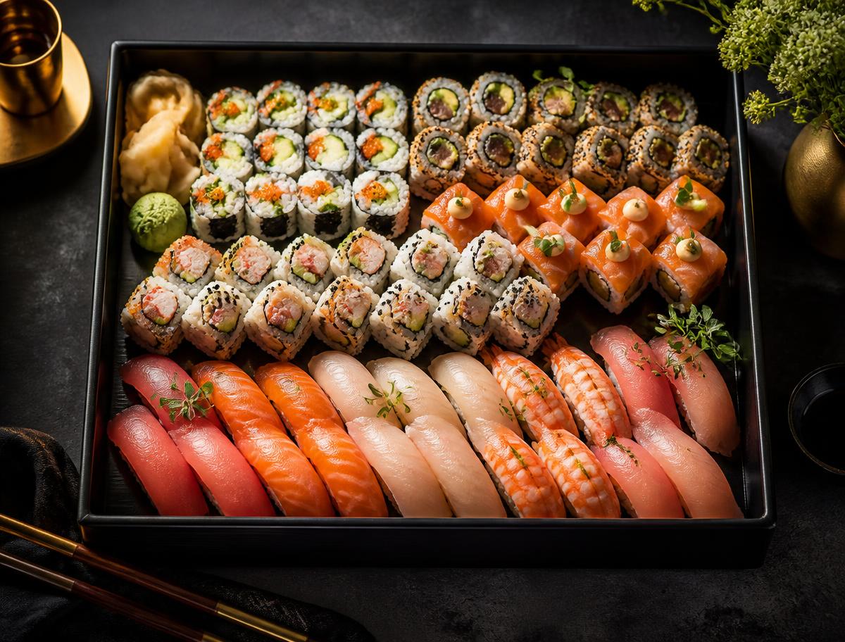 Grote sushibox met maki, nigiri en california rolls