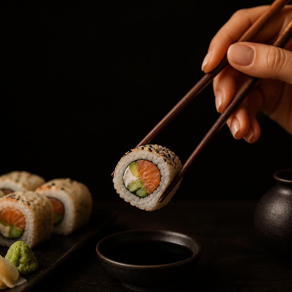 Sushiroll met eetstokjes boven een schaaltje sojasaus