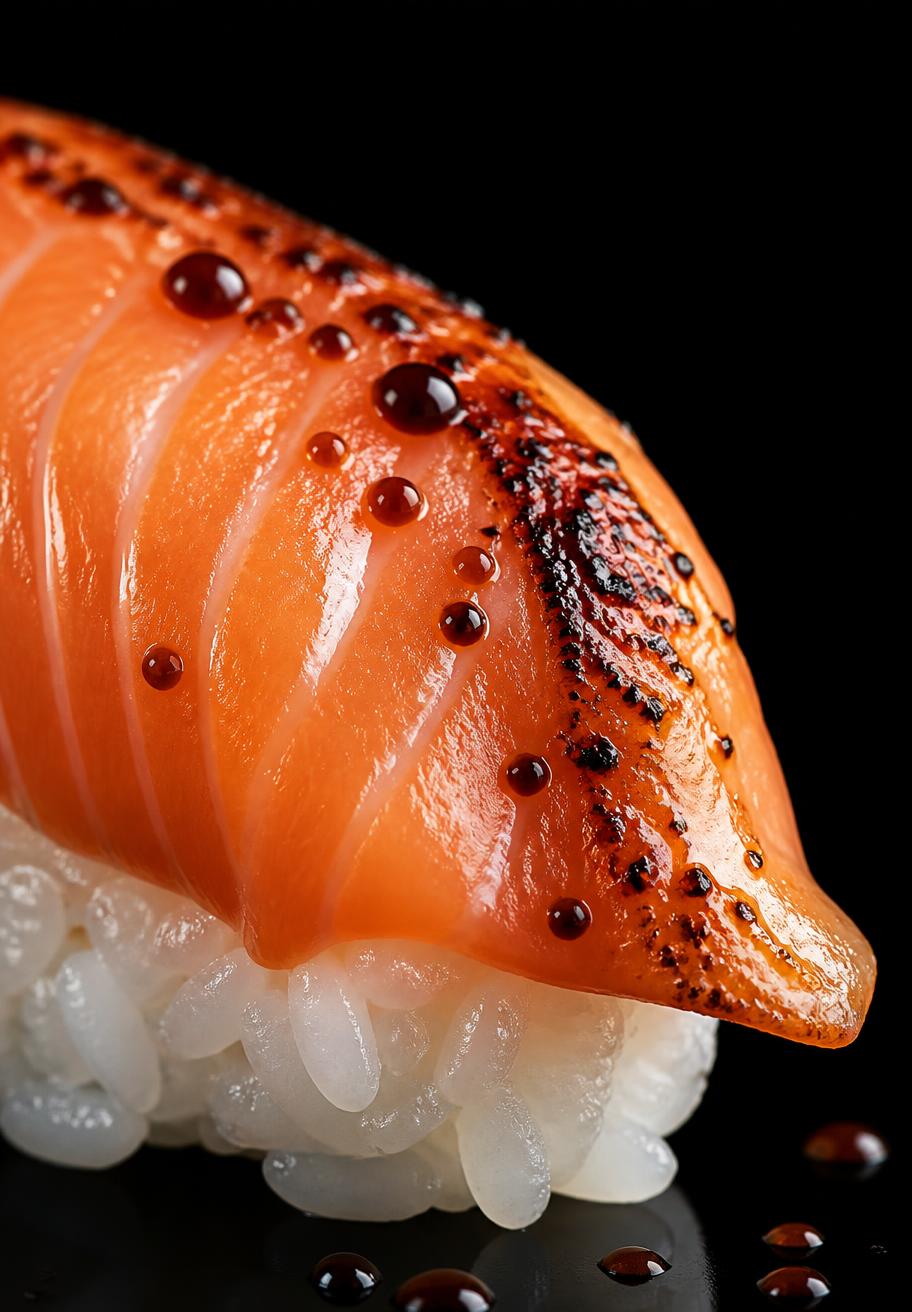 Close-up van een nigiri met gebrande zalm